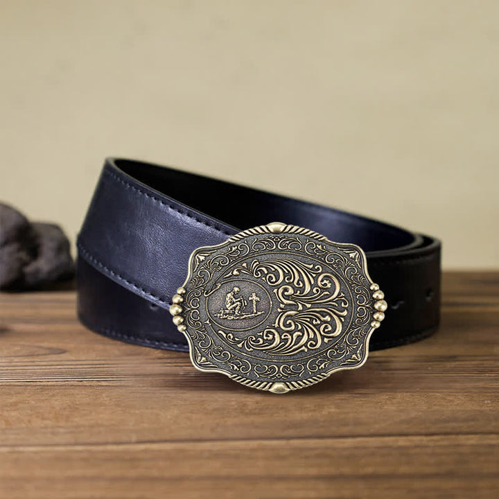 Ceinture en cuir à boucle pour homme avec motif de croix religieuse