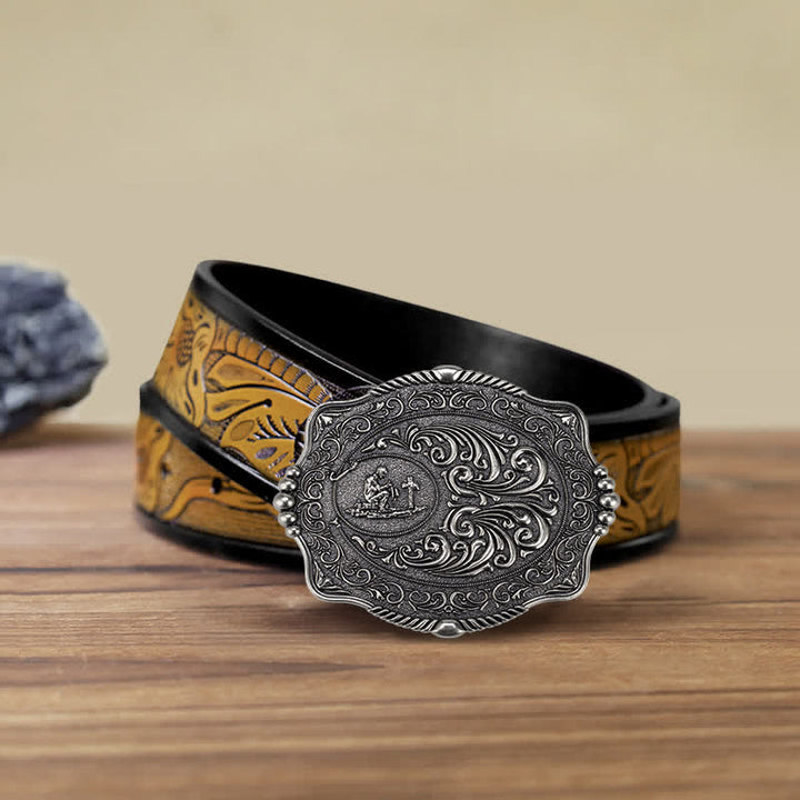 Ceinture en cuir à boucle pour homme avec motif de croix religieuse