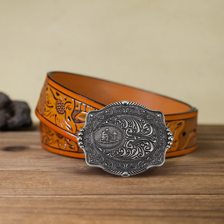 Ceinture en cuir à boucle pour homme avec motif de croix religieuse