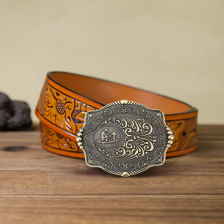 Ceinture en cuir à boucle pour homme avec motif de croix religieuse