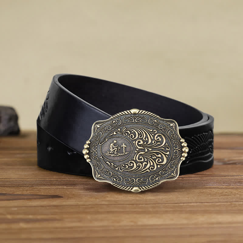 Ceinture en cuir à boucle pour homme avec motif de croix religieuse