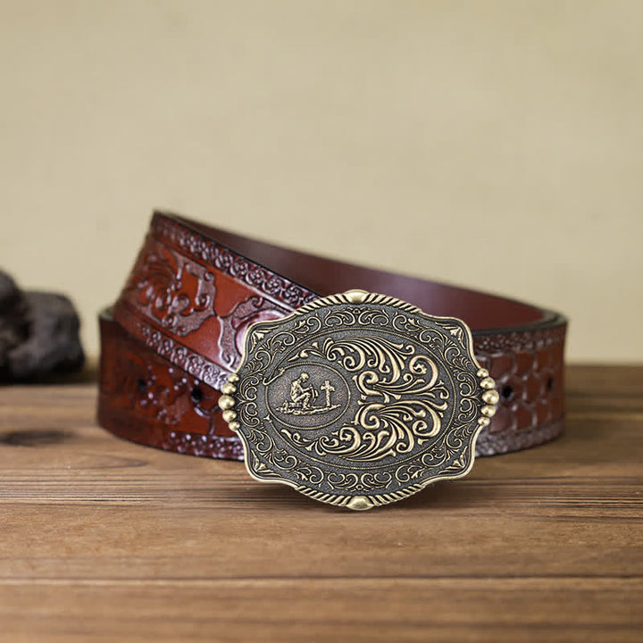 Ceinture en cuir à boucle pour homme avec motif de croix religieuse