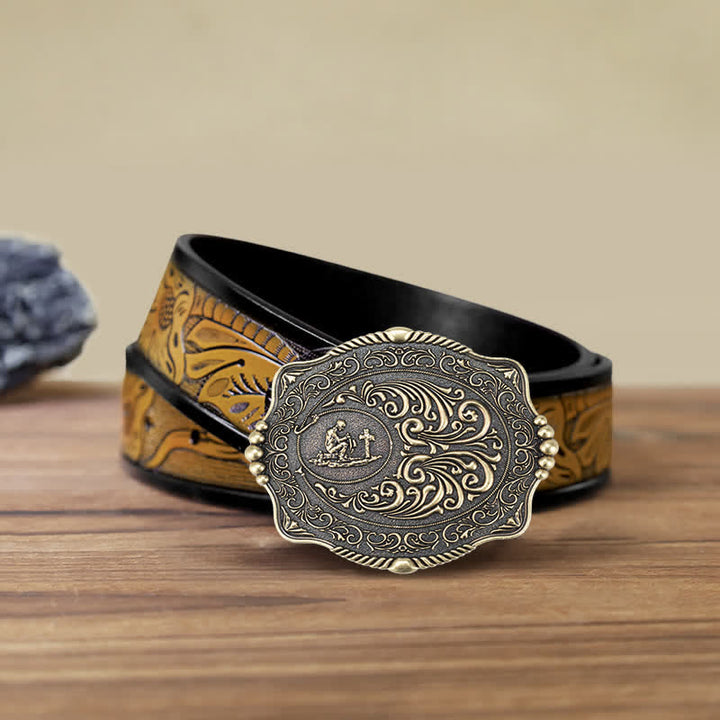 Ceinture en cuir à boucle pour homme avec motif de croix religieuse