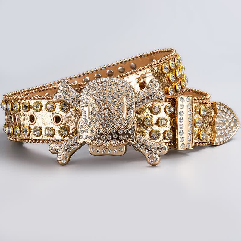 Ceinture en cuir cloutée avec strass et tête de mort