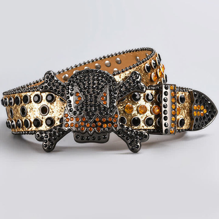 Ceinture en cuir cloutée avec strass et tête de mort