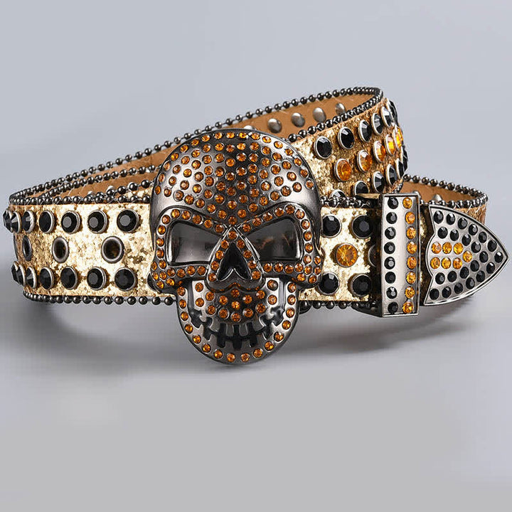 Ceinture en cuir perlée et strass avec motif fantôme de la mort punk