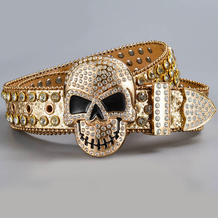 Ceinture en cuir perlée et strass avec motif fantôme de la mort punk