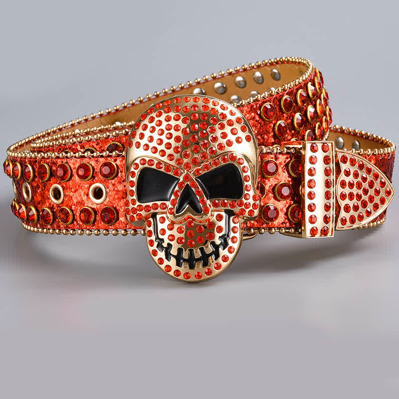 Ceinture en cuir perlée et strass avec motif fantôme de la mort punk