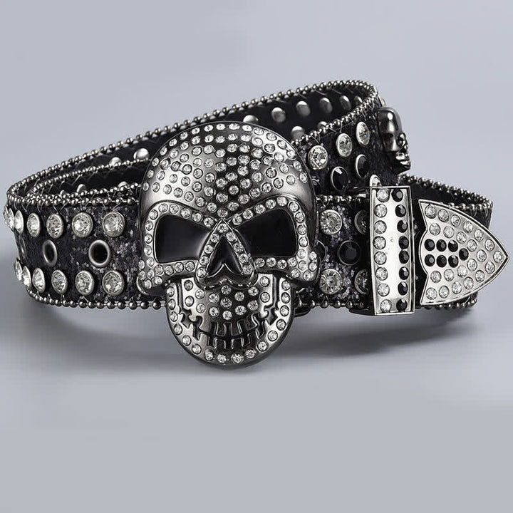 Ceinture en cuir perlée et strass avec motif fantôme de la mort punk