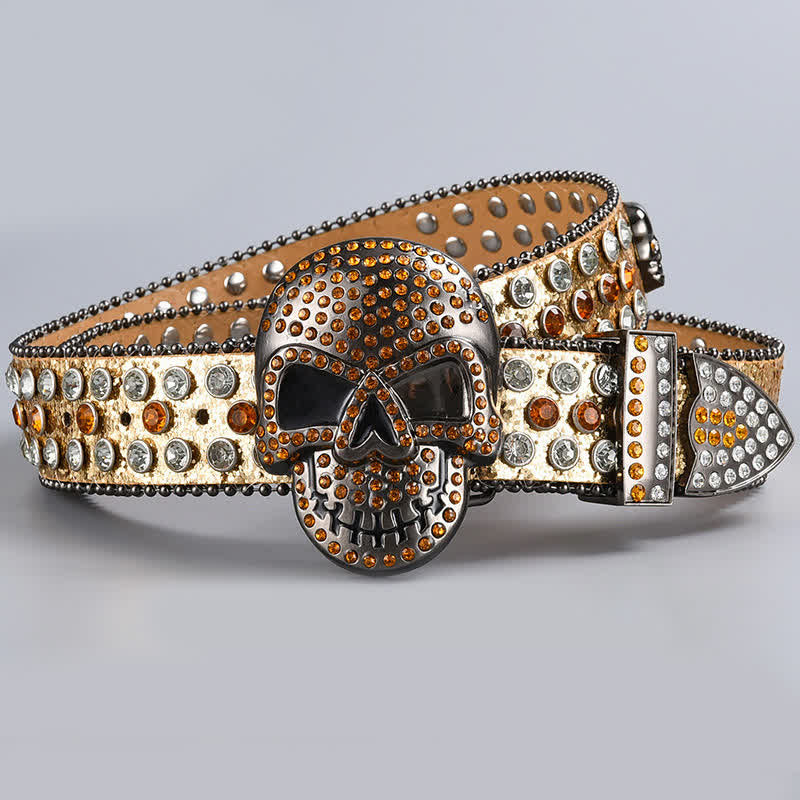 Ceinture en cuir perlée et strass avec motif fantôme de la mort punk