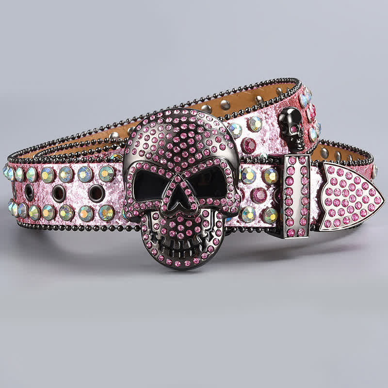 Ceinture en cuir perlée et strass avec motif fantôme de la mort punk