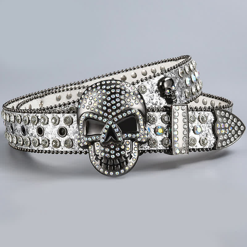 Ceinture en cuir perlée et strass avec motif fantôme de la mort punk