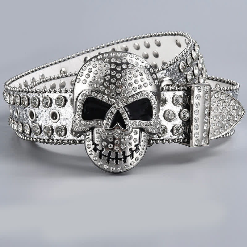 Ceinture en cuir perlée et strass avec motif fantôme de la mort punk