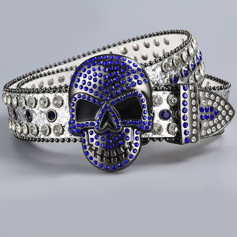 Ceinture en cuir perlée et strass avec motif fantôme de la mort punk