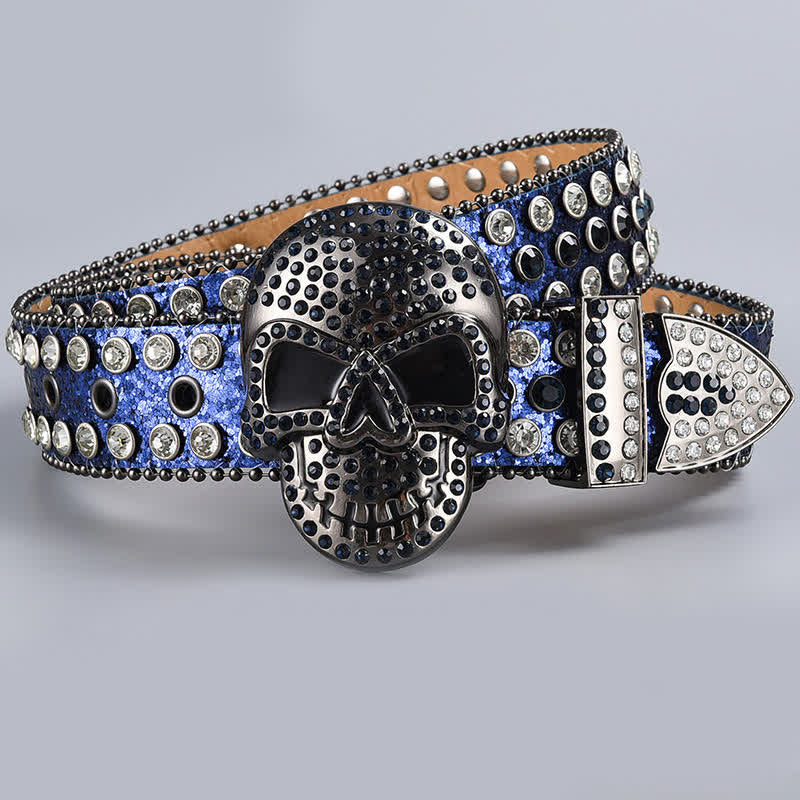 Ceinture en cuir perlée et strass avec motif fantôme de la mort punk
