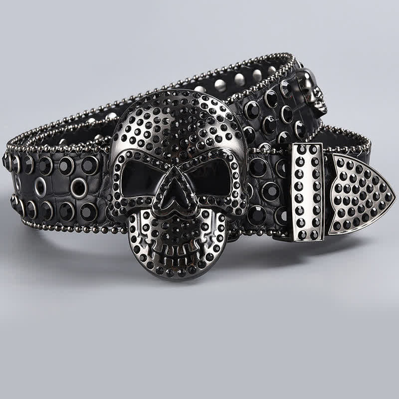 Ceinture en cuir perlée et strass avec motif fantôme de la mort punk