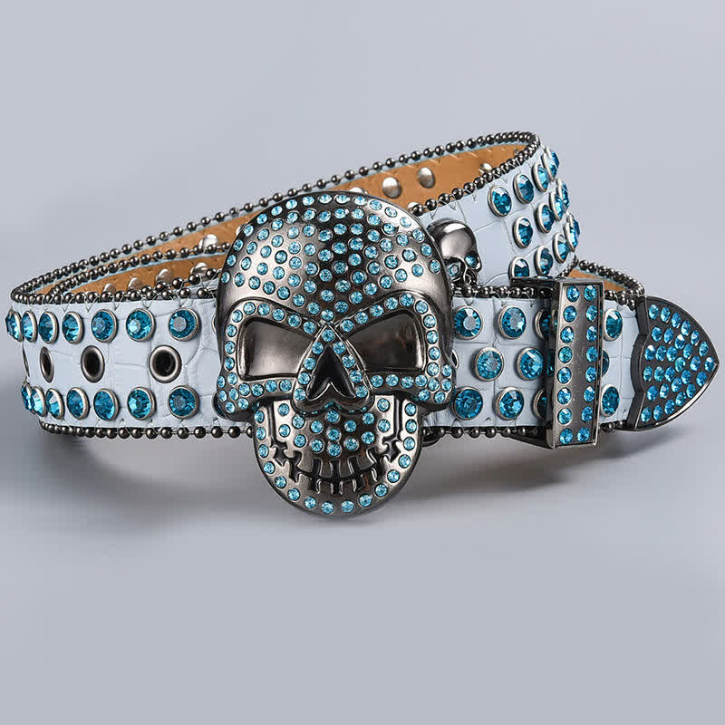 Ceinture en cuir perlée et strass avec motif fantôme de la mort punk