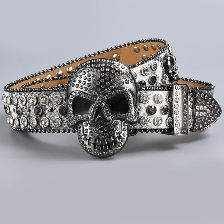 Ceinture en cuir perlée et strass avec motif fantôme de la mort punk