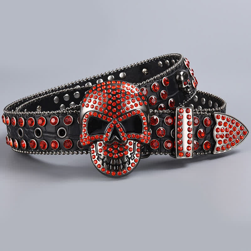 Ceinture en cuir perlée et strass avec motif fantôme de la mort punk