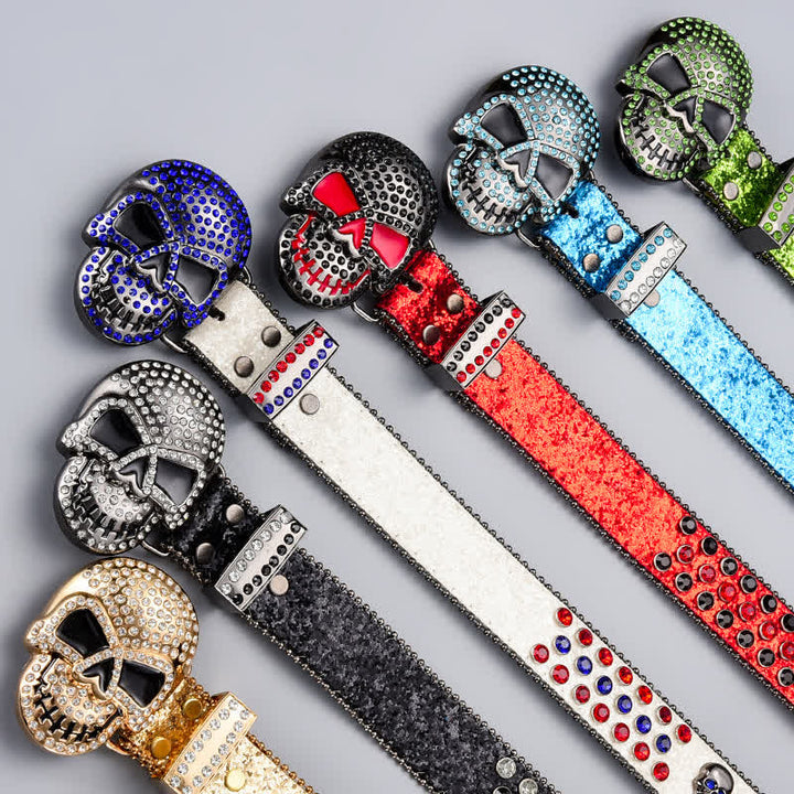 Ceinture en cuir perlée et strass avec motif fantôme de la mort punk