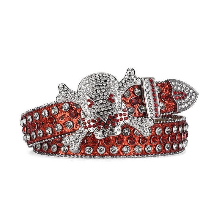 Ceinture en cuir avec strass et perles en forme de tête de mort