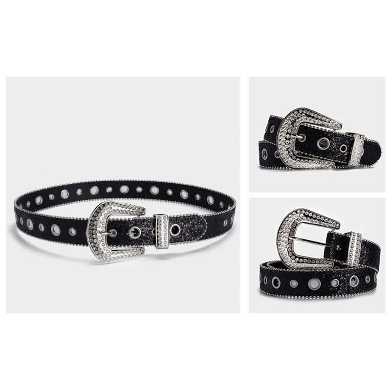 Ceinture en cuir à boucle en strass et paillettes éblouissantes