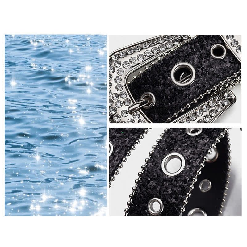 Ceinture en cuir à boucle en strass et paillettes éblouissantes