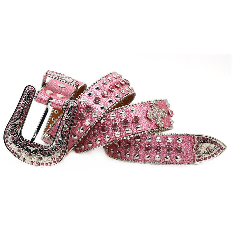 Ceinture en cuir cloutée avec croix élégante gothique et strass