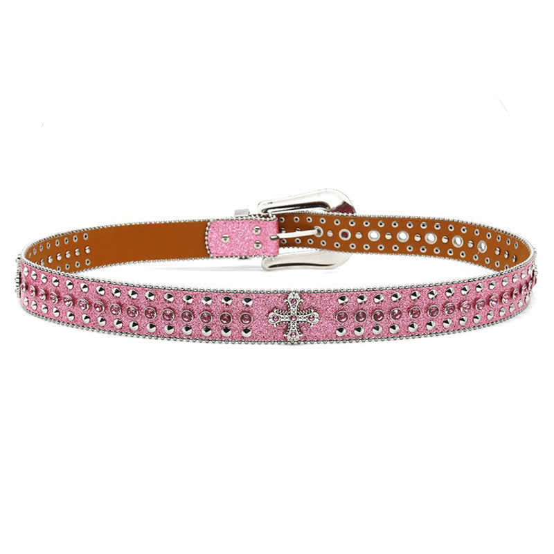 Ceinture en cuir cloutée avec croix élégante gothique et strass