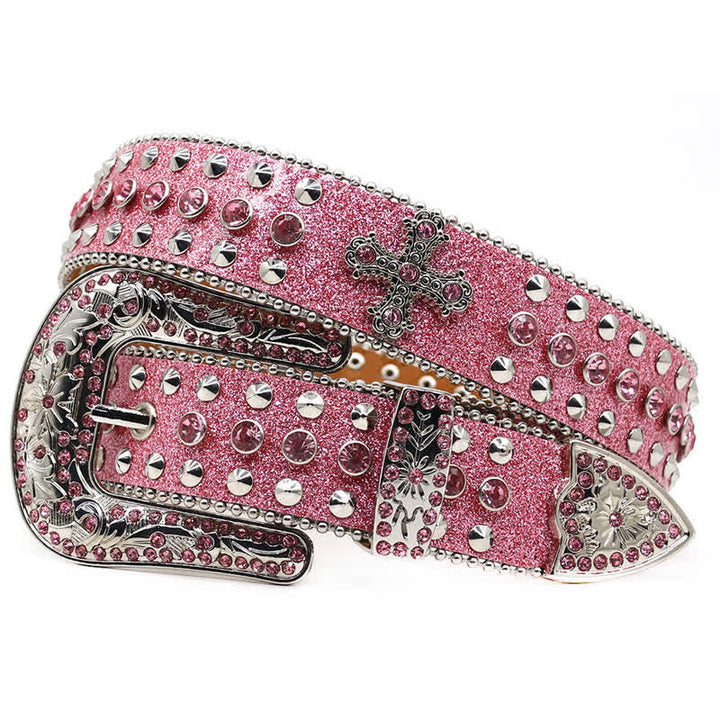 Ceinture en cuir cloutée avec croix élégante gothique et strass