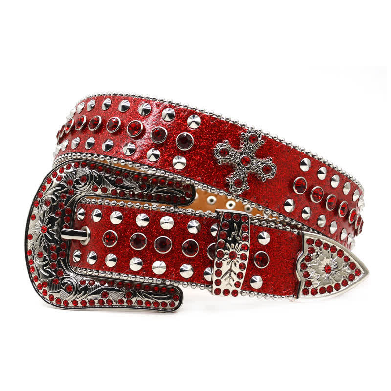 Ceinture en cuir cloutée avec croix élégante gothique et strass
