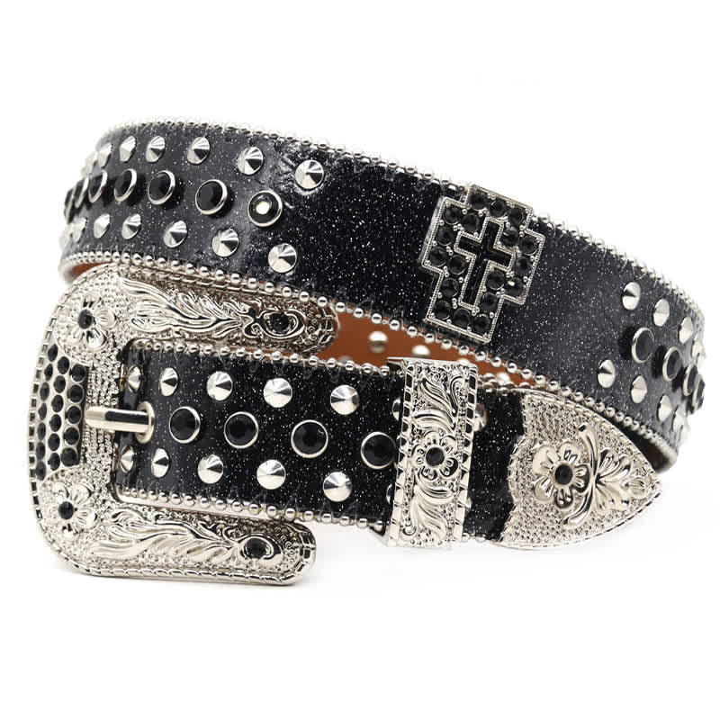 Ceinture en cuir cloutée avec croix élégante gothique et strass