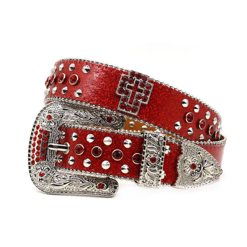 Ceinture en cuir cloutée avec croix élégante gothique et strass