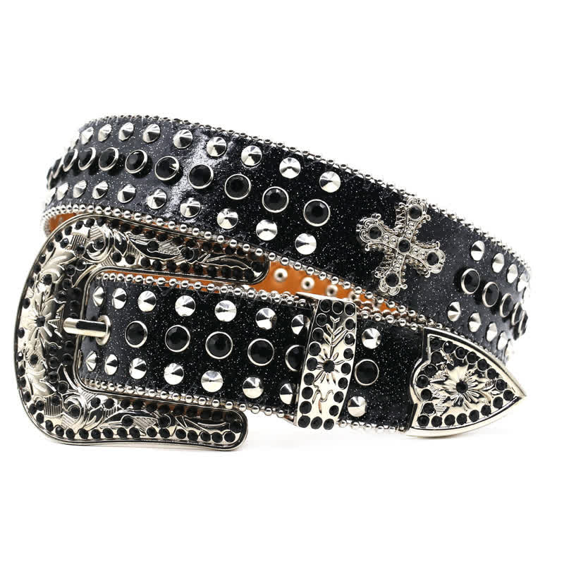 Ceinture en cuir cloutée avec croix élégante gothique et strass