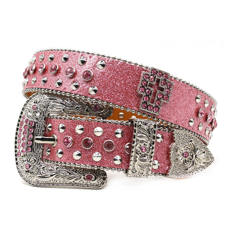 Ceinture en cuir cloutée avec croix élégante gothique et strass
