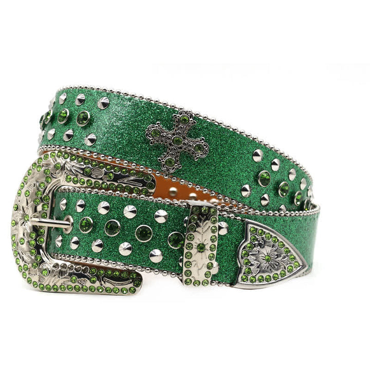 Ceinture en cuir cloutée avec croix élégante gothique et strass