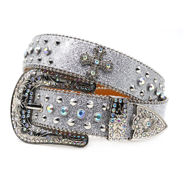 Ceinture en cuir cloutée avec croix élégante gothique et strass