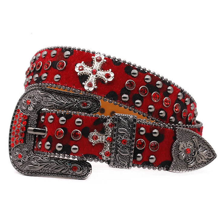 Ceinture en cuir avec rivets croisés et strass