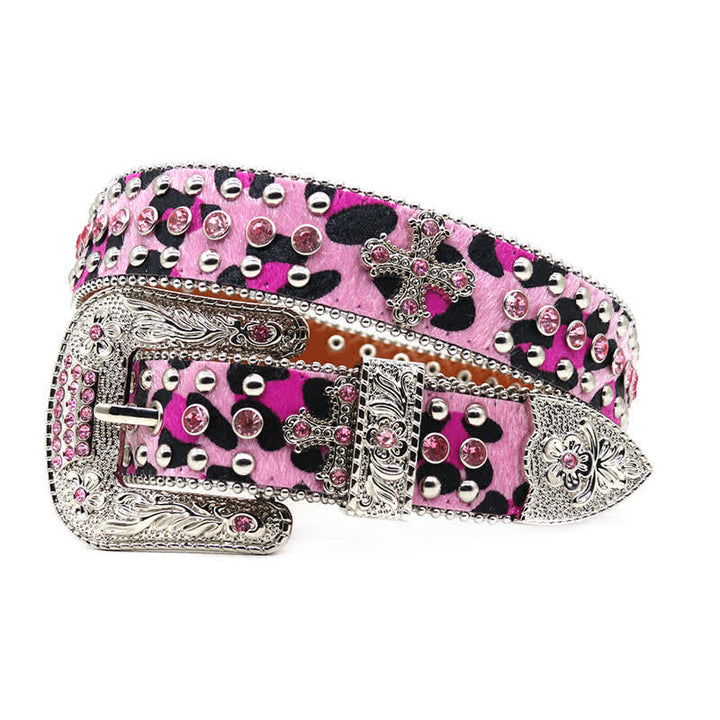 Ceinture en cuir avec rivets croisés et strass