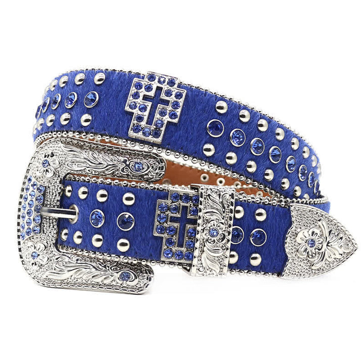 Ceinture en cuir avec rivets croisés et strass