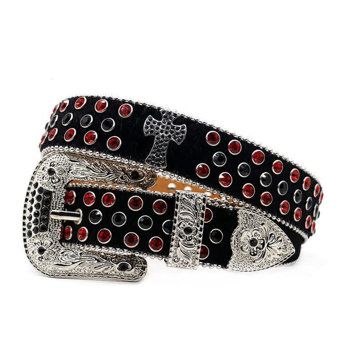Ceinture en cuir avec rivets croisés et strass