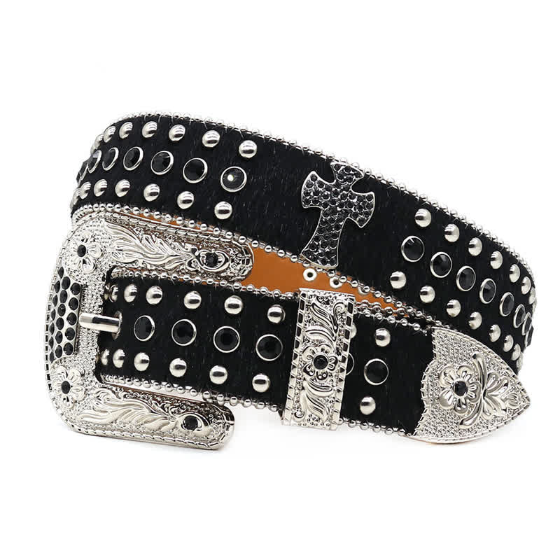 Ceinture en cuir avec rivets croisés et strass