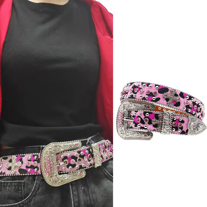Ceinture en cuir avec rivets croisés et strass