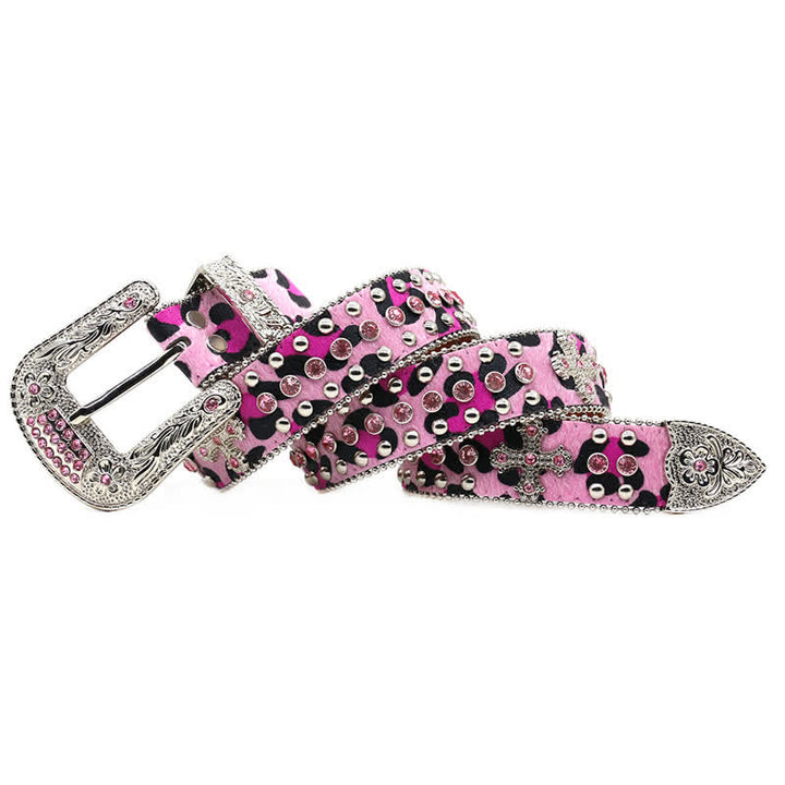 Ceinture en cuir avec rivets croisés et strass