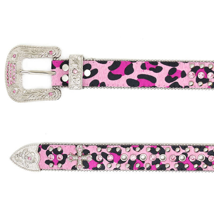 Ceinture en cuir avec rivets croisés et strass