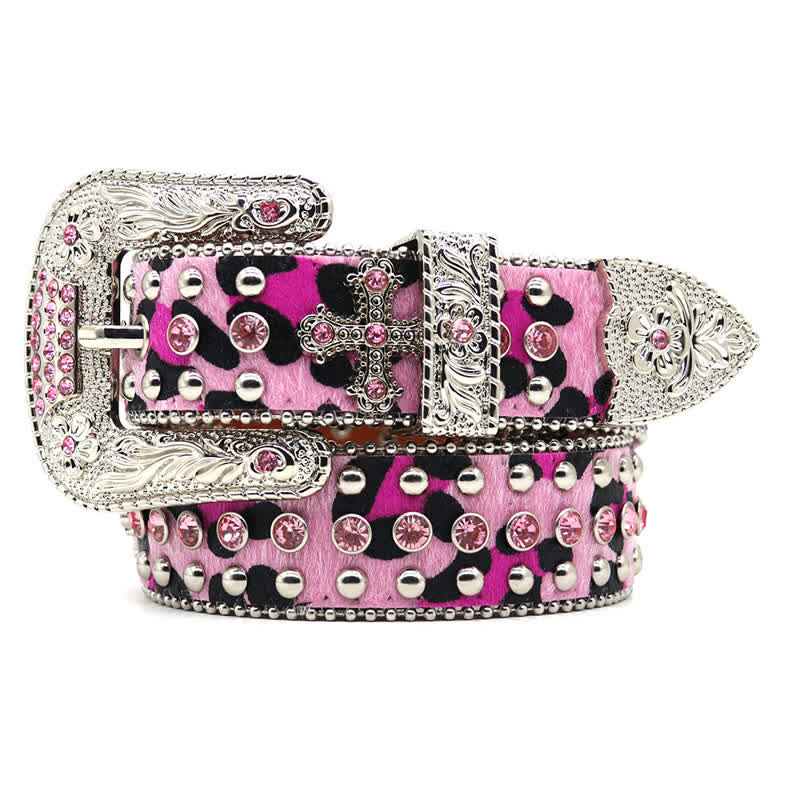 Ceinture en cuir avec rivets croisés et strass