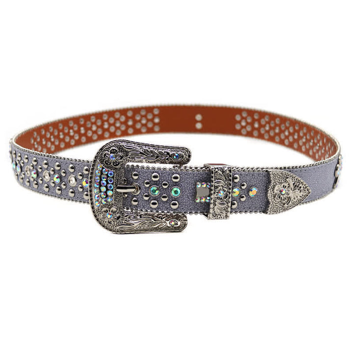 Ceinture en cuir avec boucle sculptée en forme de fleur et rivets en strass
