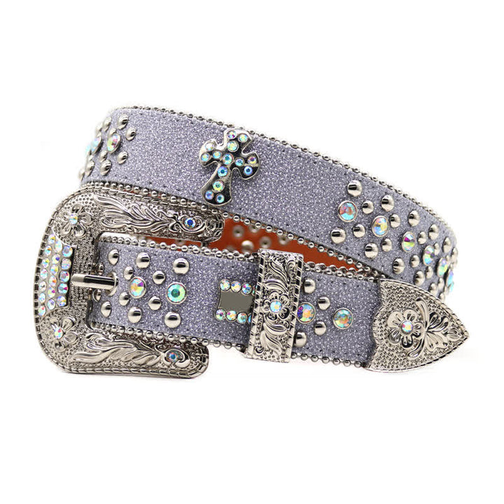 Ceinture en cuir avec boucle sculptée en forme de fleur et rivets en strass