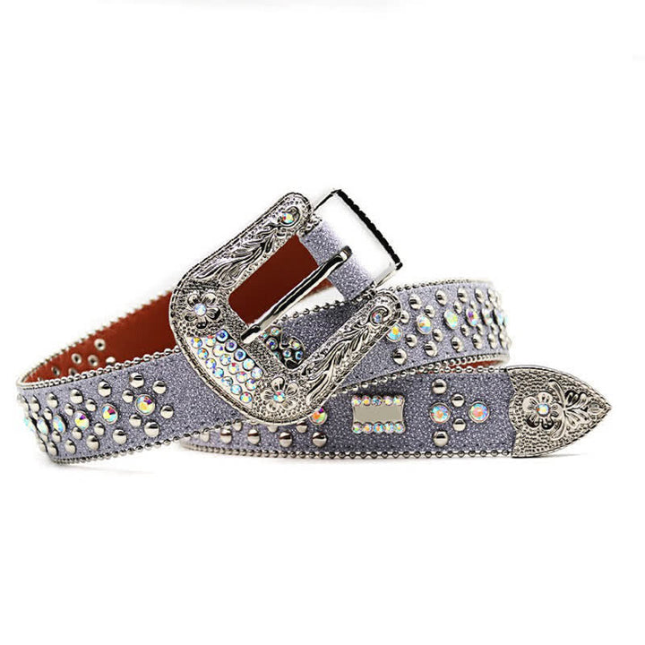 Ceinture en cuir avec boucle sculptée en forme de fleur et rivets en strass