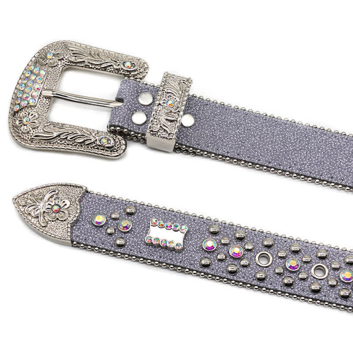Ceinture en cuir avec boucle sculptée en forme de fleur et rivets en strass